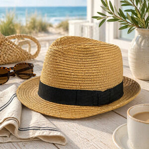 Attitudes by Renee Raffia Straw Fedora Hat Women's Summer Panama Style OSFM